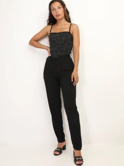 Hot La Modeuse Top court froncé à strass Noir