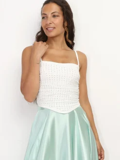 Discount La Modeuse Top court froncé à strass Blanc