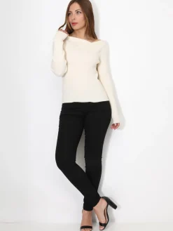 La Modeuse Top côtelé à col asymétrique Beige