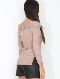 Online La Modeuse Top côtelé à col Bardot noué Taupe