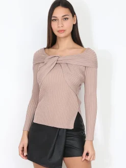 Online La Modeuse Top côtelé à col Bardot noué Taupe