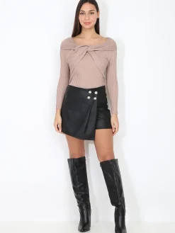 Online La Modeuse Top côtelé à col Bardot noué Taupe