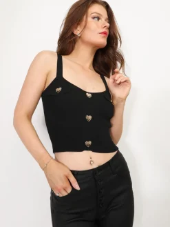 Outlet La Modeuse Top côtelé avec c艙urs dorés Noir