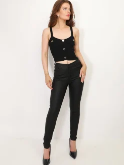 Outlet La Modeuse Top côtelé avec c艙urs dorés Noir