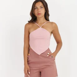 Online La Modeuse Top côtelé effet bandana Rose