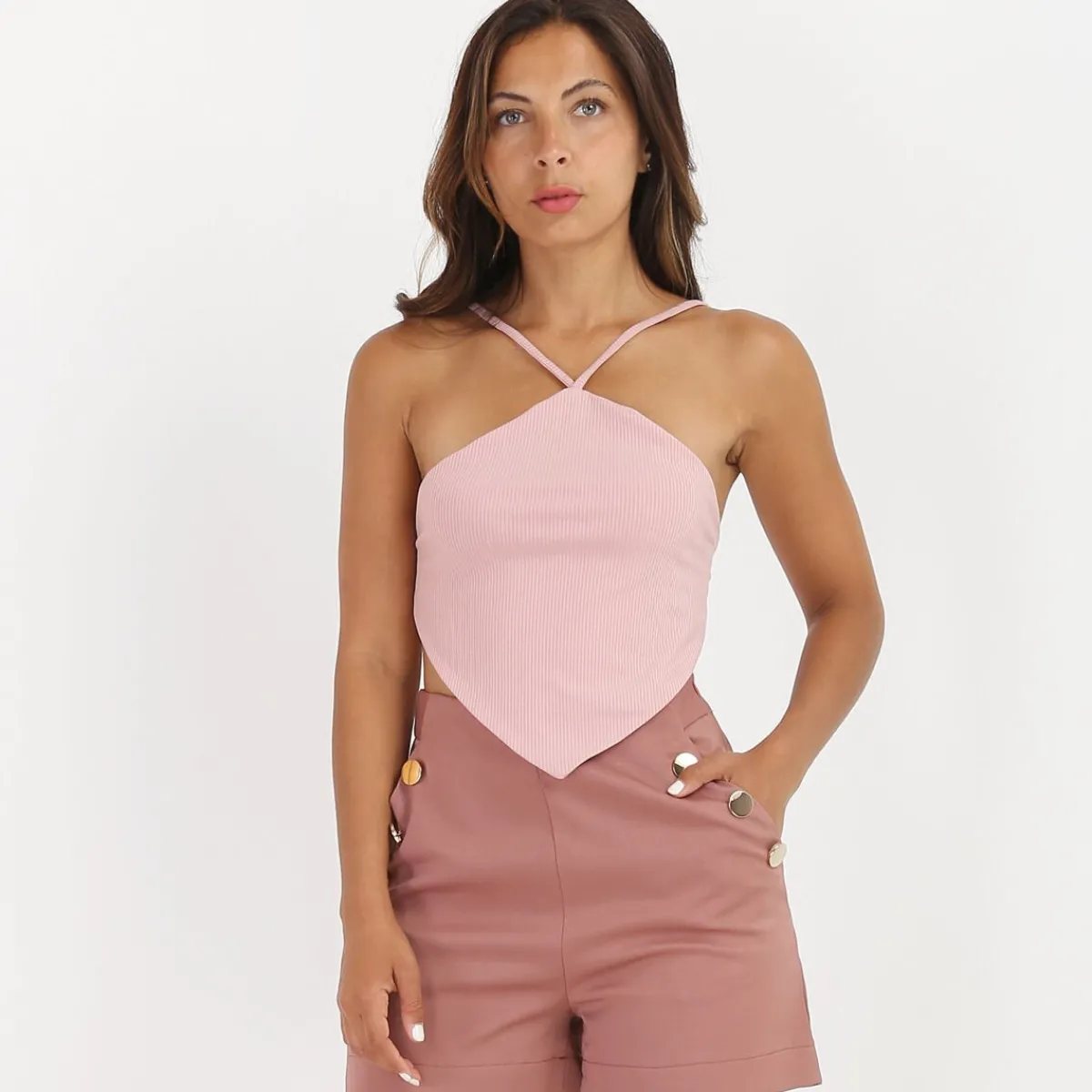 Online La Modeuse Top côtelé effet bandana Rose