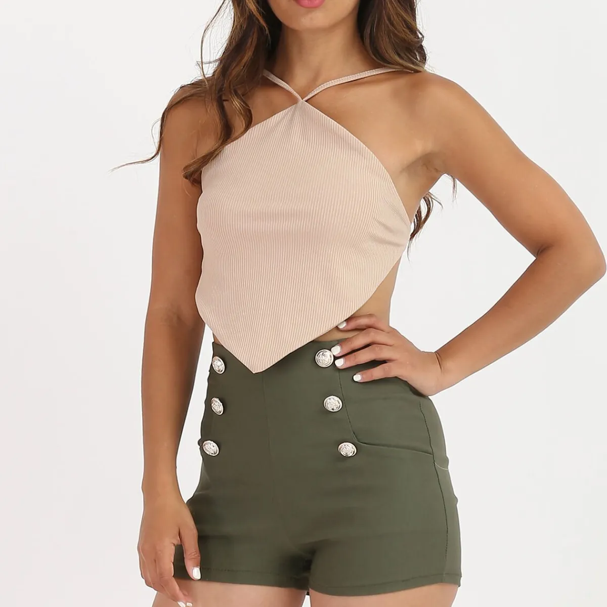 Clearance La Modeuse Top côtelé effet bandana Beige