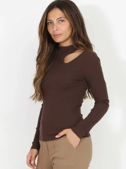 Online La Modeuse Top côtelé moulant asymétrique Marron