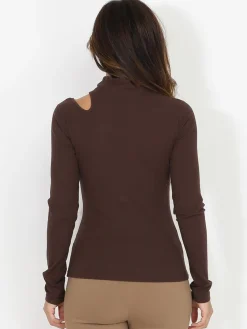 Online La Modeuse Top côtelé moulant asymétrique Marron