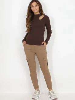 Online La Modeuse Top côtelé moulant asymétrique Marron