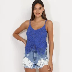 New La Modeuse Top en crochet à franges Bleu