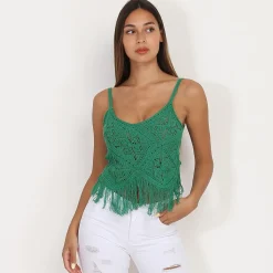 Discount La Modeuse Top en crochet à franges Vert