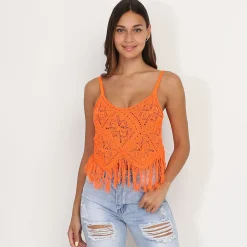 Hot La Modeuse Top en crochet à franges Orange