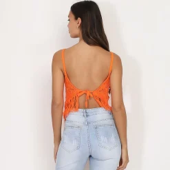 Hot La Modeuse Top en crochet à franges Orange