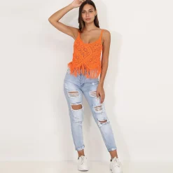 Hot La Modeuse Top en crochet à franges Orange