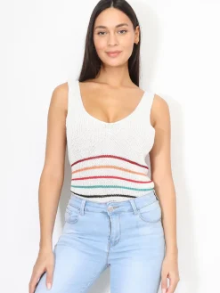 Best La Modeuse Top en crochet à rayures colorées Blanc