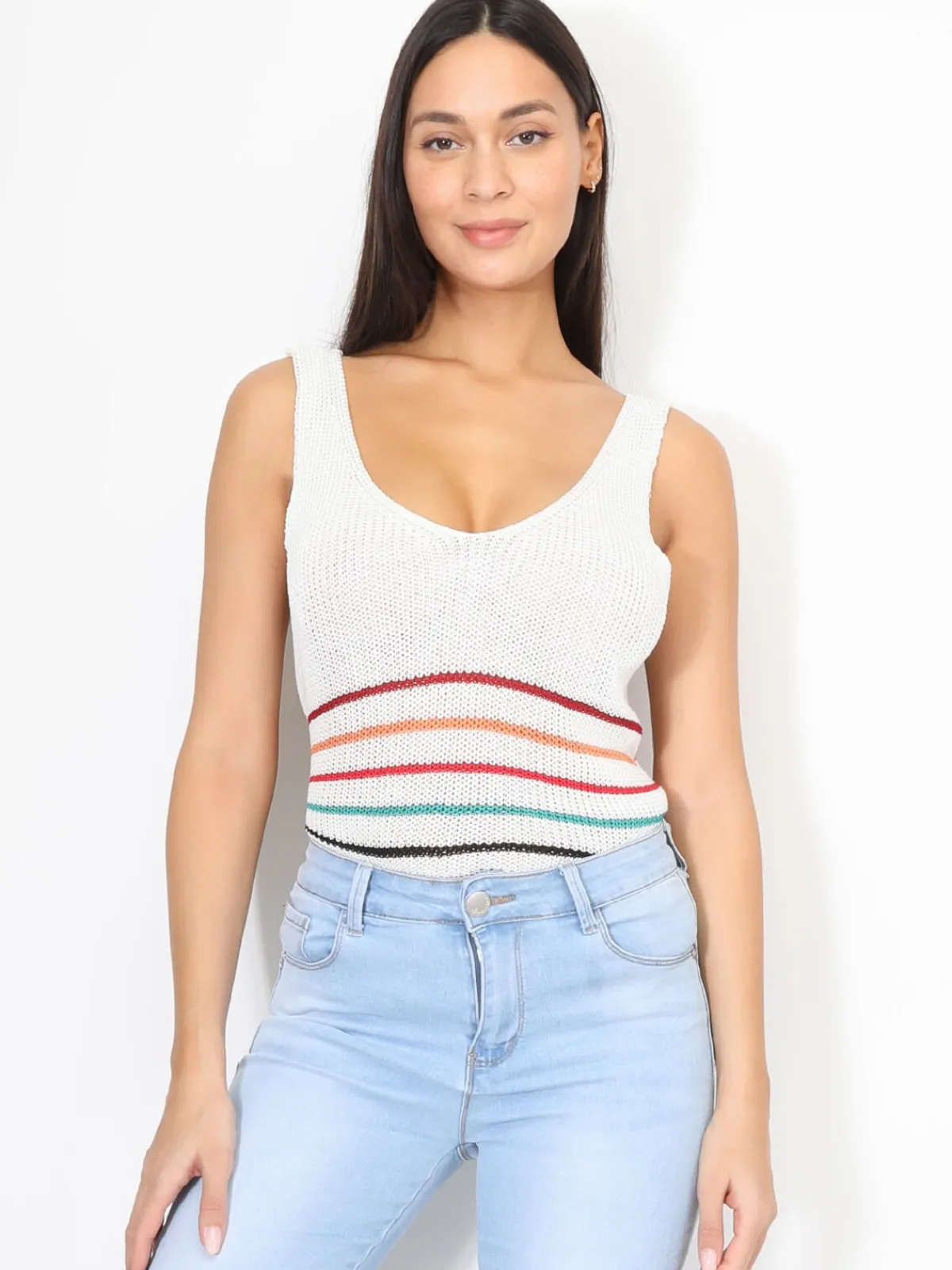 Best La Modeuse Top en crochet à rayures colorées Blanc