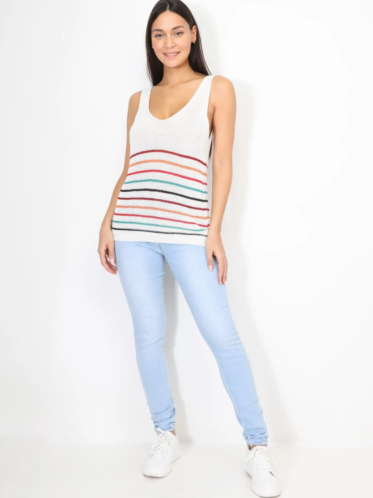 Best La Modeuse Top en crochet à rayures colorées Blanc