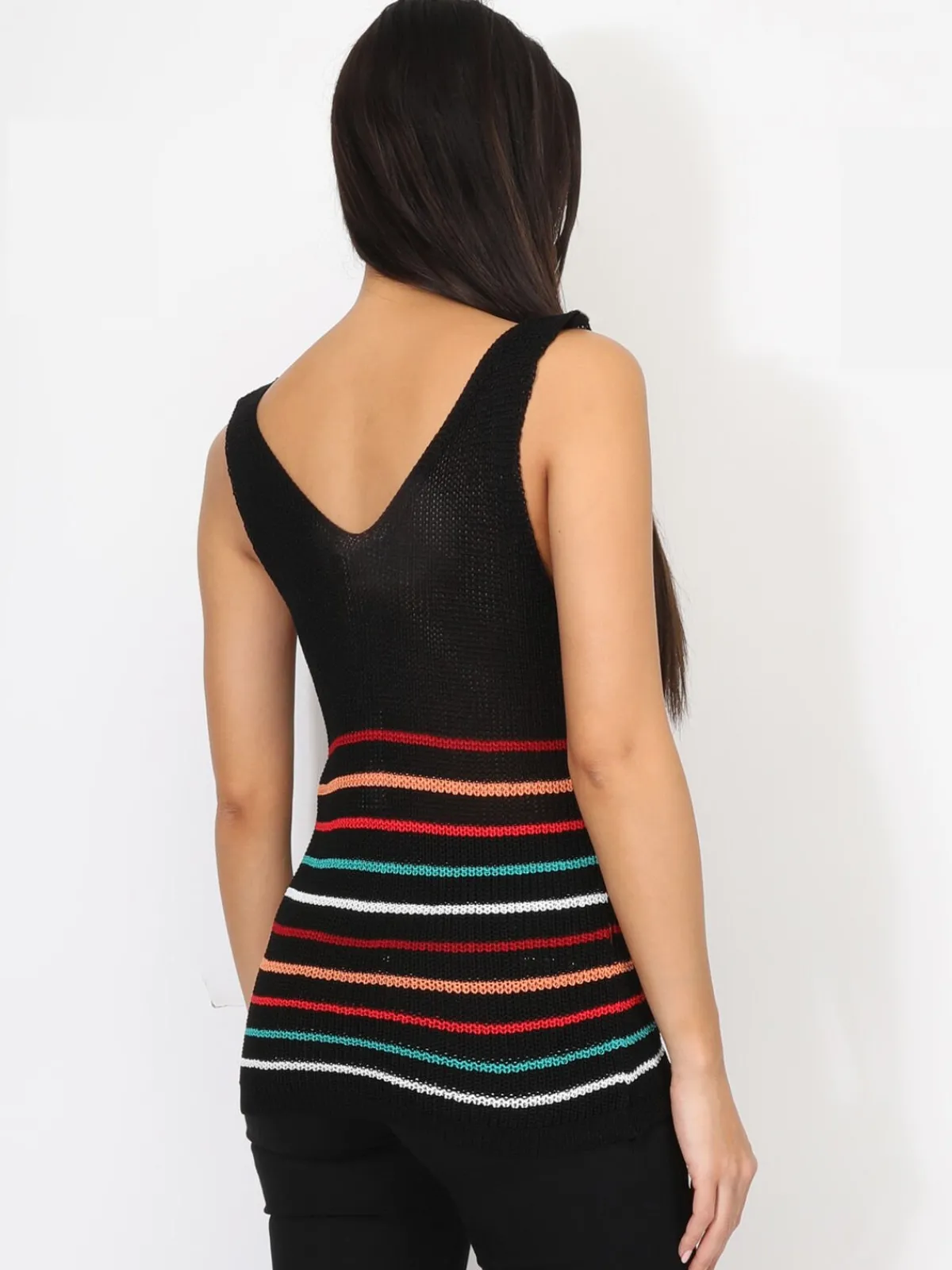 Outlet La Modeuse Top en crochet à rayures colorées Noir