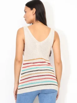 New La Modeuse Top en crochet à rayures colorées Beige