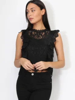 Online La Modeuse Top en dentelle à volants Noir