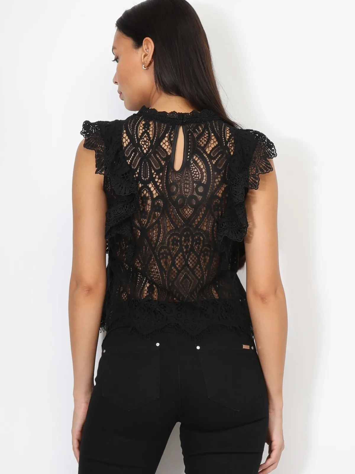 Online La Modeuse Top en dentelle à volants Noir