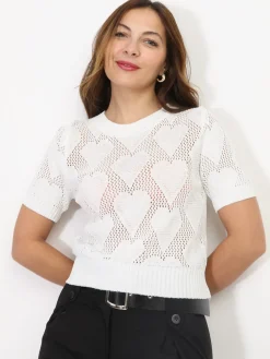 La Modeuse Top en maille ajourée et motif c艙urs Blanc