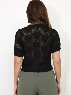 Clearance La Modeuse Top en maille ajourée et motif c艙urs Noir