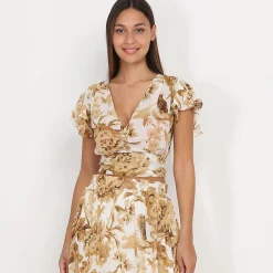 Clearance La Modeuse Top froncé à imprimé printanier Blanc