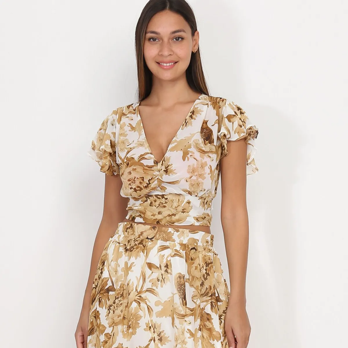 Clearance La Modeuse Top froncé à imprimé printanier Blanc