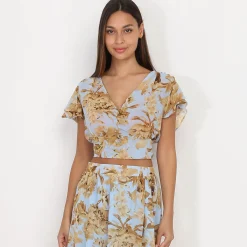 Hot La Modeuse Top froncé à imprimé printanier BleuClair