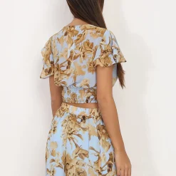 Hot La Modeuse Top froncé à imprimé printanier BleuClair