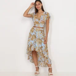 Hot La Modeuse Top froncé à imprimé printanier BleuClair
