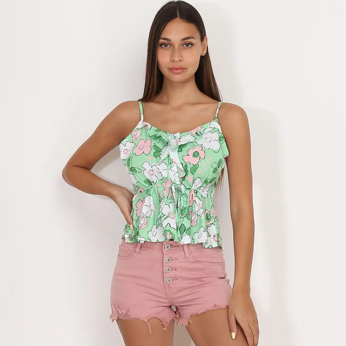 Clearance La Modeuse Top léger à volants et motif fleurs Vert