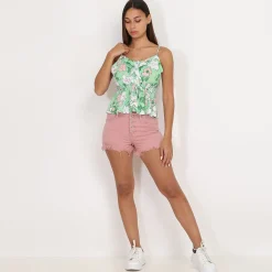 Clearance La Modeuse Top léger à volants et motif fleurs Vert