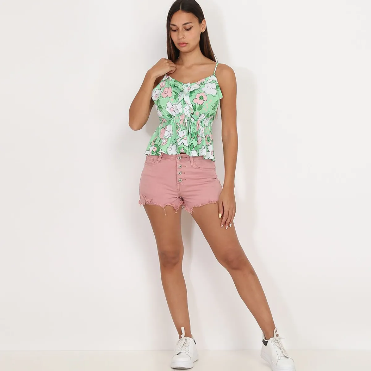 Clearance La Modeuse Top léger à volants et motif fleurs Vert