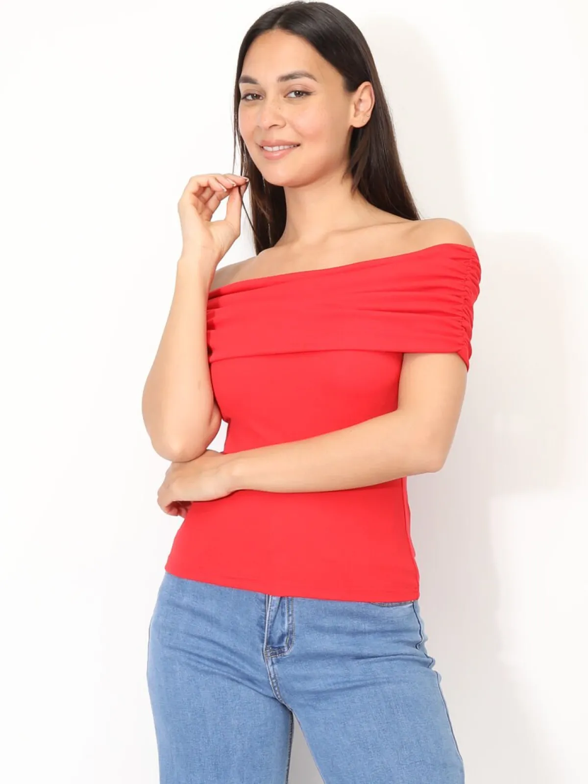 Outlet La Modeuse Top moulant à col bardot Rouge