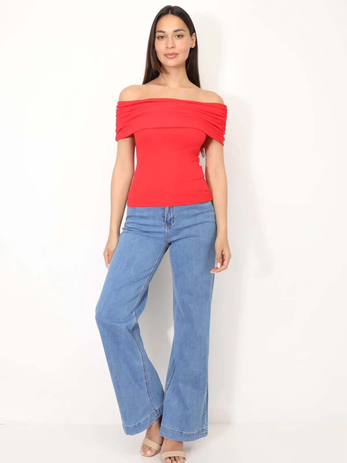 Outlet La Modeuse Top moulant à col bardot Rouge
