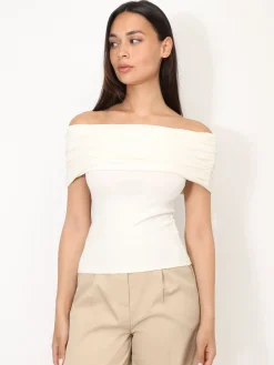 Clearance La Modeuse Top moulant à col bardot Ecru
