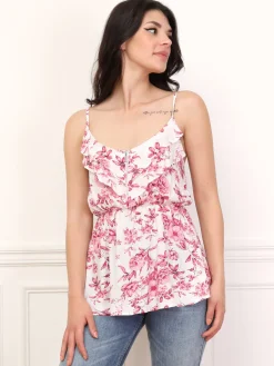 Sale La Modeuse Top péplum fleuri à volants Fuchsia