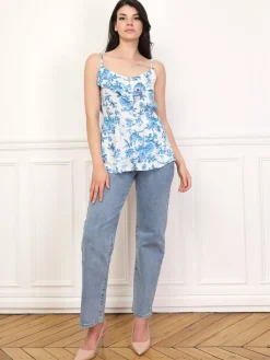 Best La Modeuse Top péplum fleuri à volants Bleu