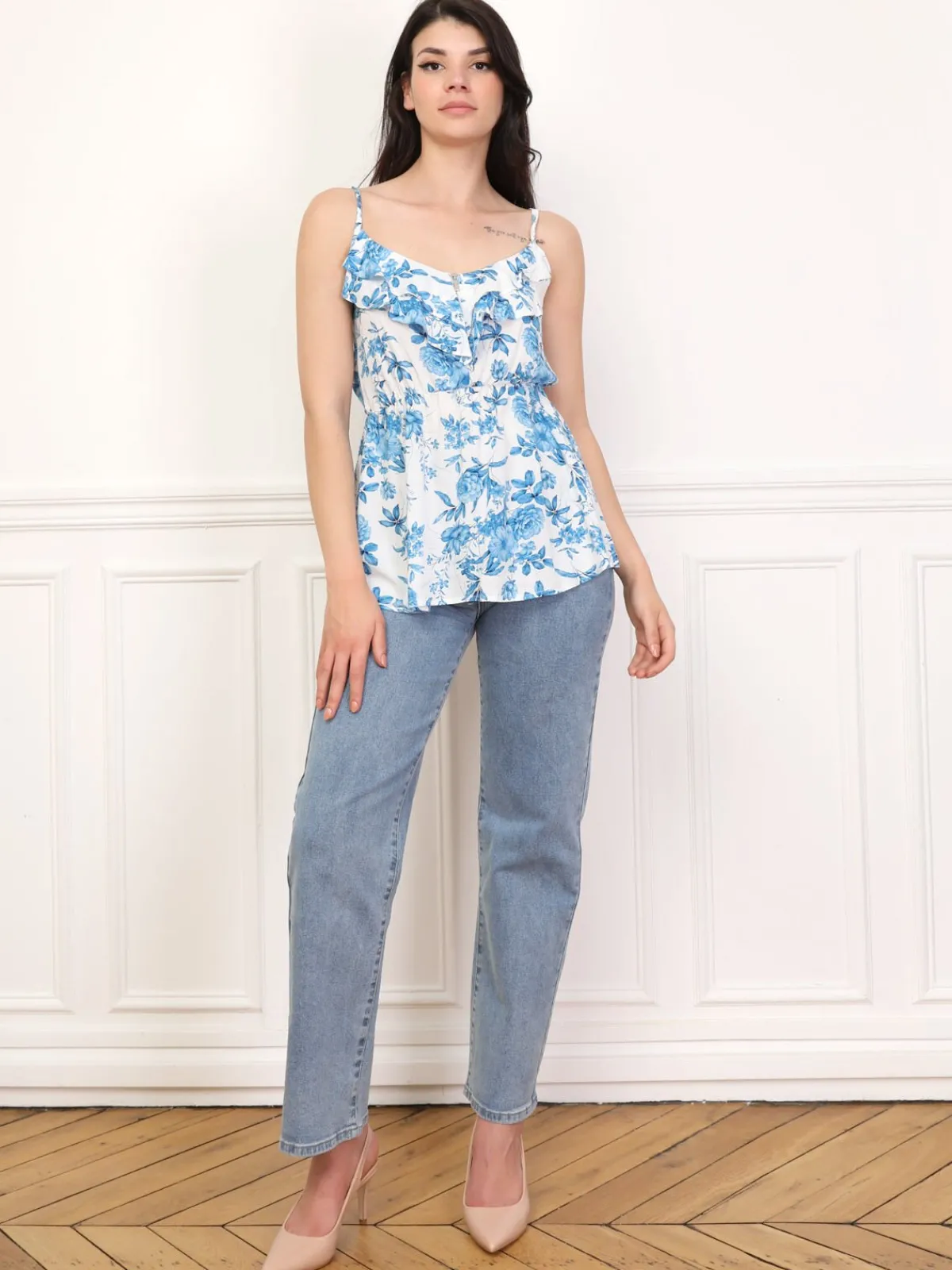 Best La Modeuse Top péplum fleuri à volants Bleu