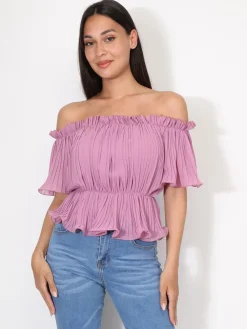 La Modeuse Top péplum plissé avec volants VieuxRose