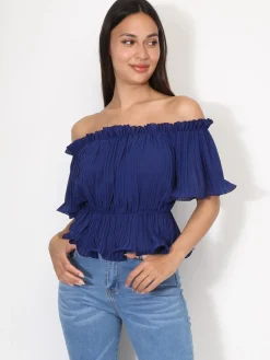 La Modeuse Top péplum plissé avec volants Bleu