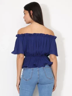 La Modeuse Top péplum plissé avec volants Bleu