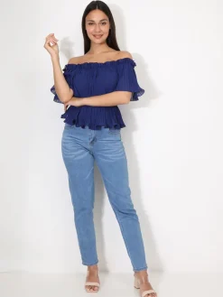La Modeuse Top péplum plissé avec volants Bleu