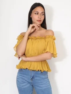 Clearance La Modeuse Top péplum plissé avec volants Jaune