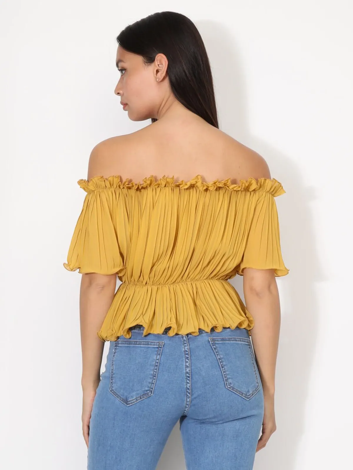 Clearance La Modeuse Top péplum plissé avec volants Jaune