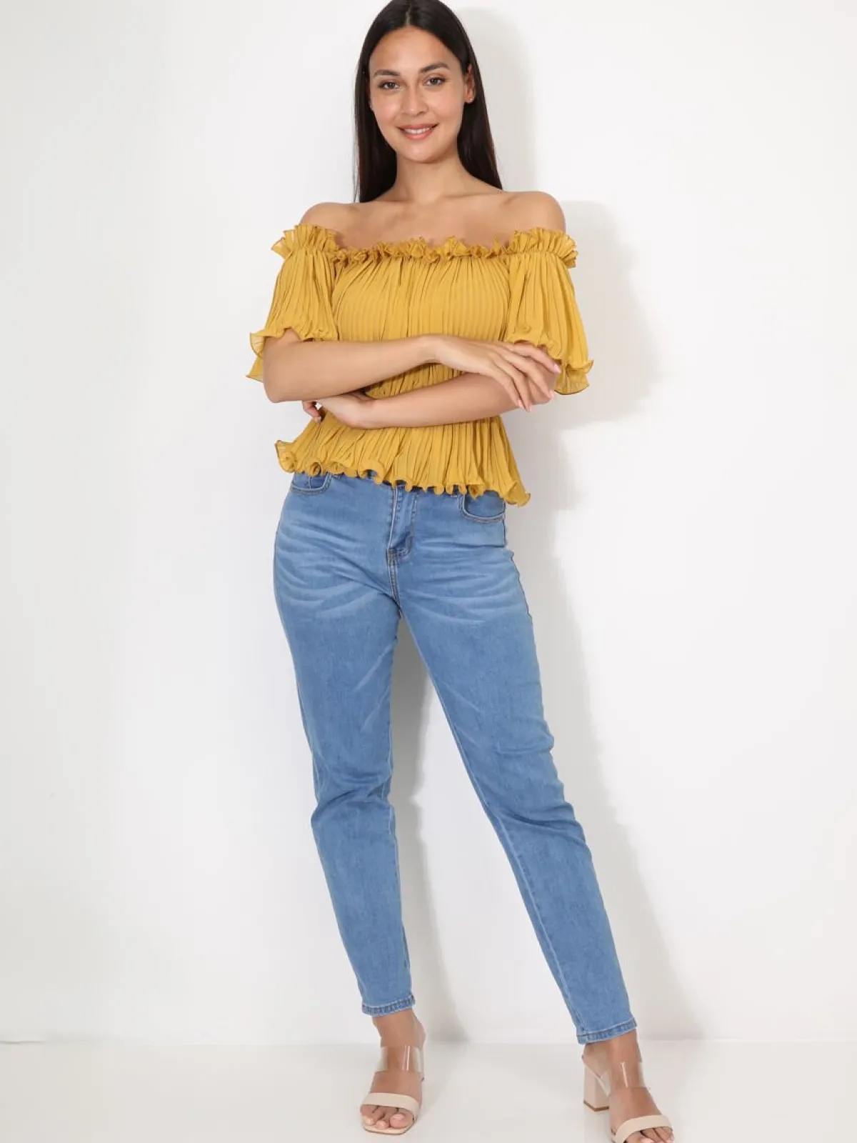 Clearance La Modeuse Top péplum plissé avec volants Jaune