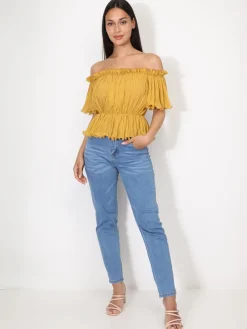 Clearance La Modeuse Top péplum plissé avec volants Jaune